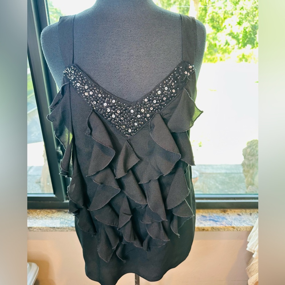 NY Collection Black Beaded Sleeveless Ruffle Blouse Size Large - Picture 3 of 8